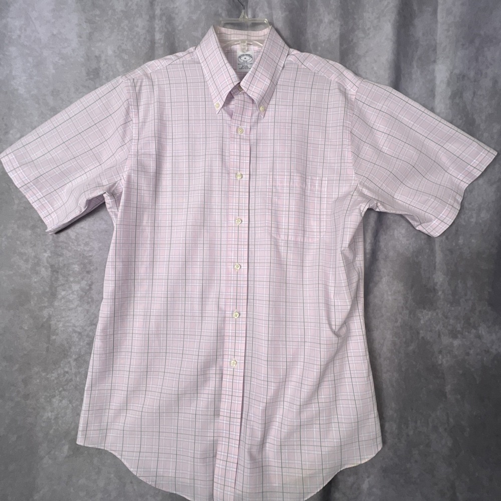 Brooks Brothers 346 Original Polo Shirt Slim 16 " Neck Plaid‎ Pink Non-Iron SS